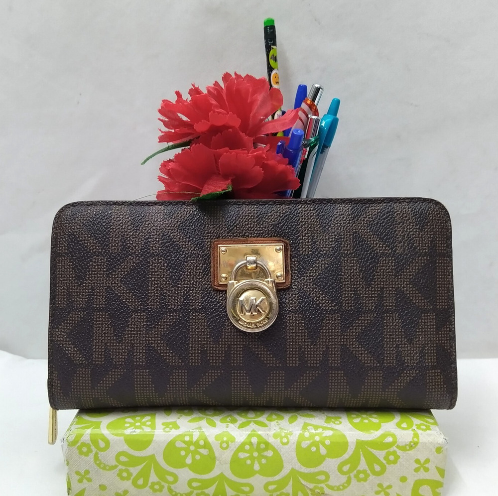 Michael Kors Brown Leather MK Printed Lock Zip Around Credit Card Wallet